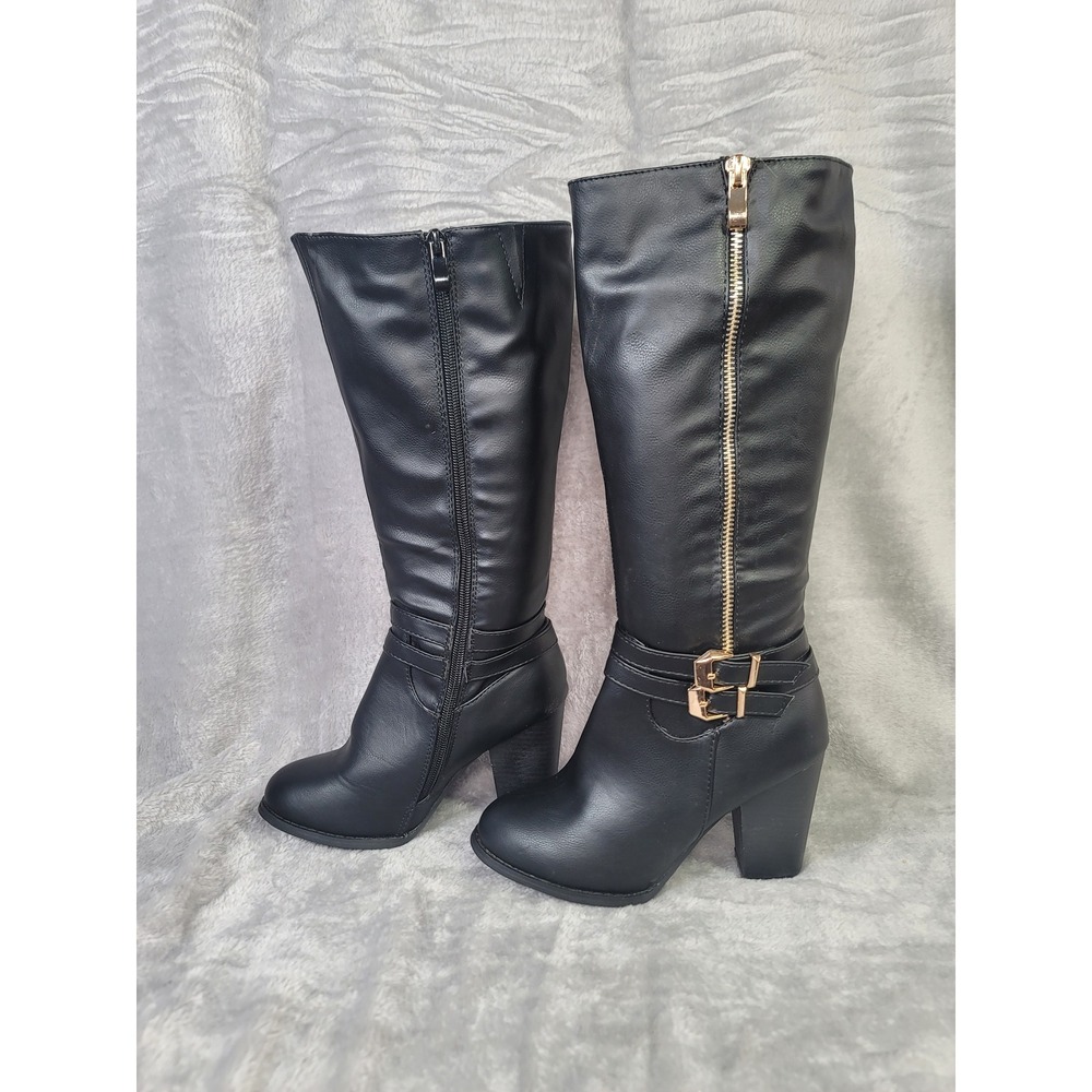 Top Moda Y2K Black Knee High Buckle Boots Indie Sleaze Size 5.5 Edgy Moto Chic